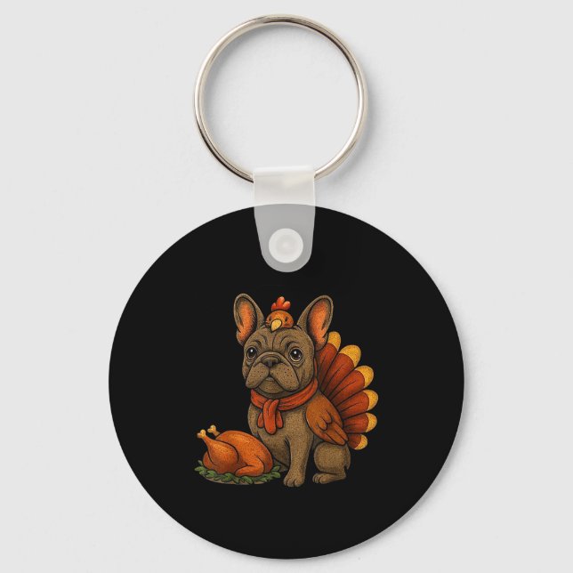 Cute Dog Frenchie Thanksgiving Kids Teen Girl Boy  Key Ring (Front)