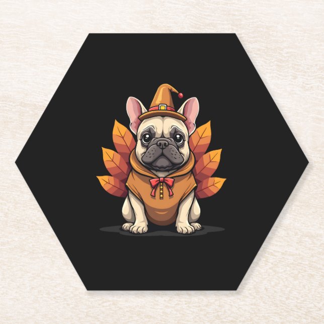 Cute Dog Frenchie Thanksgiving Kids Teen Girl Boy  Paper Coaster (Front)