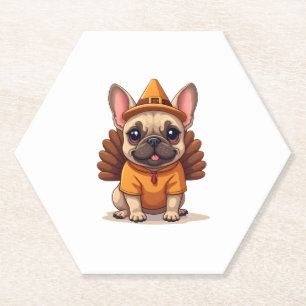 Cute Dog Frenchie Thanksgiving Kids Teen Girl Boy  Paper Coaster