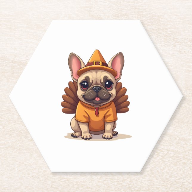 Cute Dog Frenchie Thanksgiving Kids Teen Girl Boy  Paper Coaster (Front)