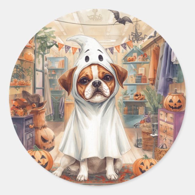 Cute Dog Ghost Happy Halloween  Classic Round Sticker (Front)