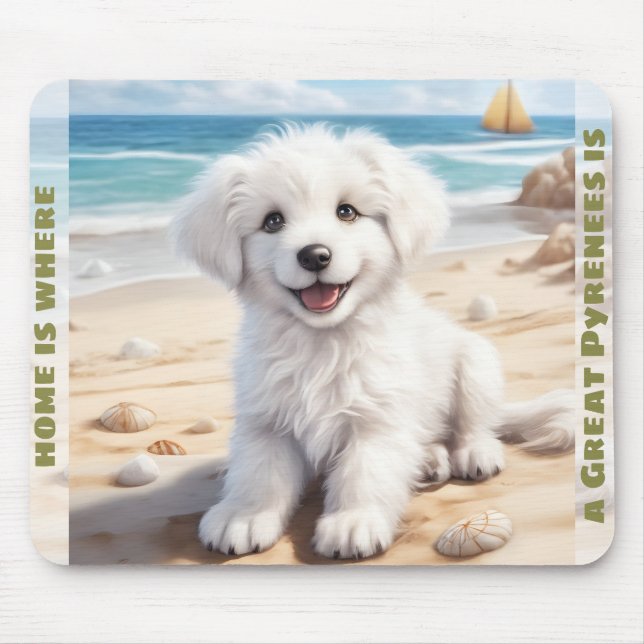 Cute Dog Great Pyrenees White Puppy Custom Name Mouse Pad (Front)
