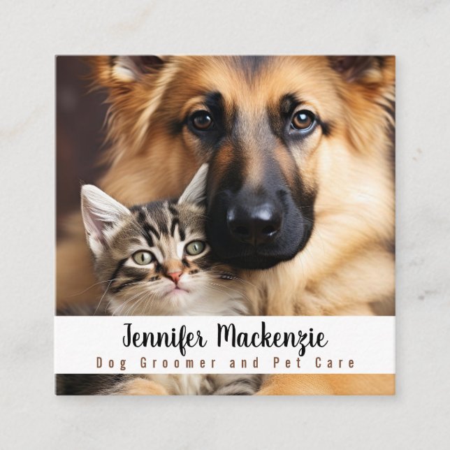 Cute Dog Groomer Grooming Service Cat Pet Care  Square Business Card (Front)