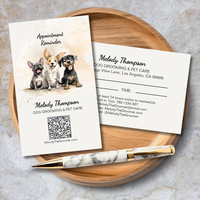 Cute Dog Groomer Pet Care Appointment Reminder Business Card (Cut Dog Groomer Pet Care Appointment Reminder Business Card with Dog Trio, QR Code, Website.)