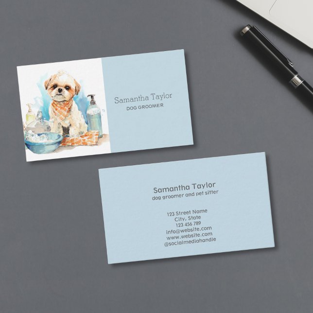 Cute Dog Groomer Salon Spa  Business Card (cute dog ready for the bath)