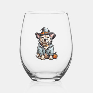 Cute Dog Halloween T-Shirt Stemless Wine Glass