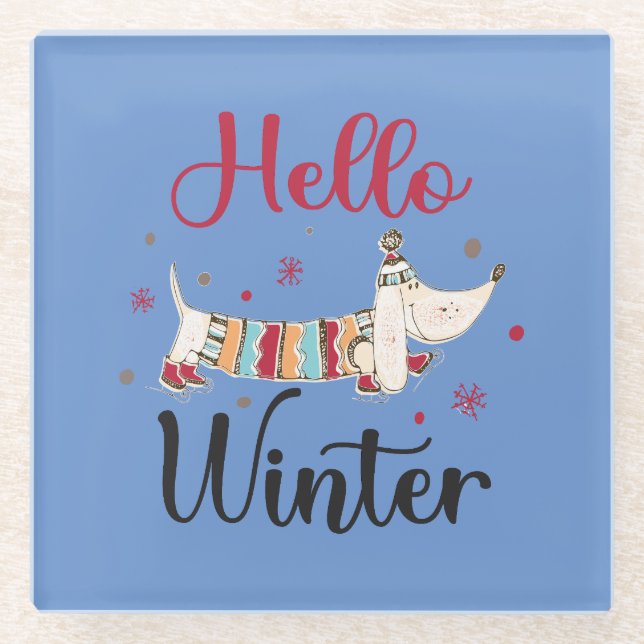Cute Dog Hello Winter  Glass Coaster (Front)