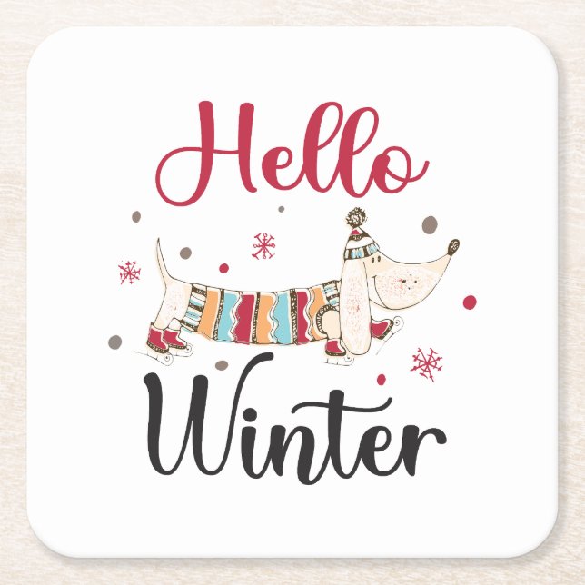 Cute Dog Hello Winter  Square Paper Coaster (Front)