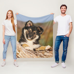 Cute Dog Icelandic Sheepdog Puppy at a Tree Trunk Fleece Blanket