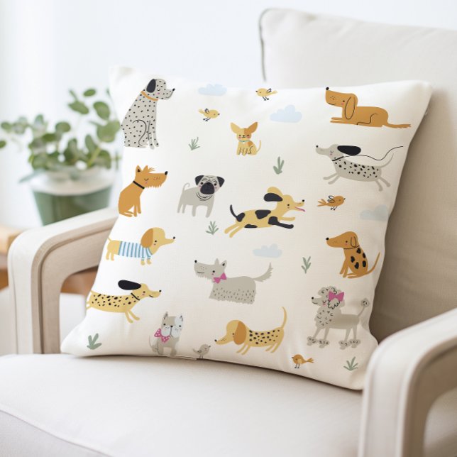 Cute Dog Illustration Pillow, Playful Dog Print  Cushion (Creator Uploaded)