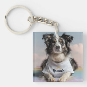 Cute Dog in a "Namaste" T-Shirt on a Yoga Mat Key Ring