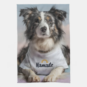 Cute Dog in a "Namaste" T-Shirt on a Yoga Mat Tea Towel