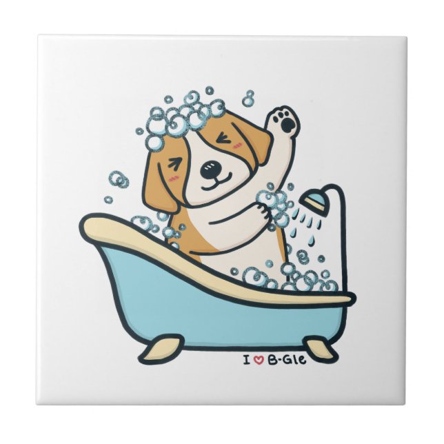 Cute Dog in a Shower Illustration Tile (Front)