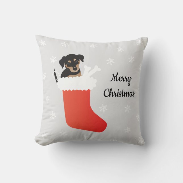 Cute Dog In A Stocking Snowflakes Cushion (Front)