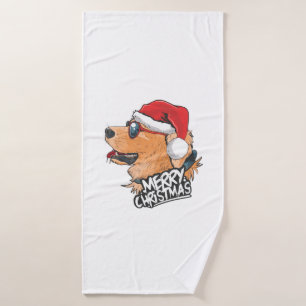 Cute Dog In Christmas Hat   Bath Towel
