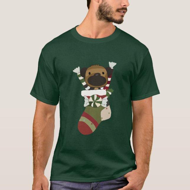 Cute Dog in Christmas Stocking T-Shirt (Front)