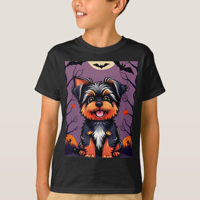 Cute Dog in Halloween Scene With Pumpkins T-Shirt (Front)