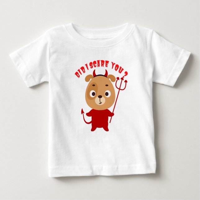 Cute dog in red devil costume holding a trident baby T-Shirt (Front)