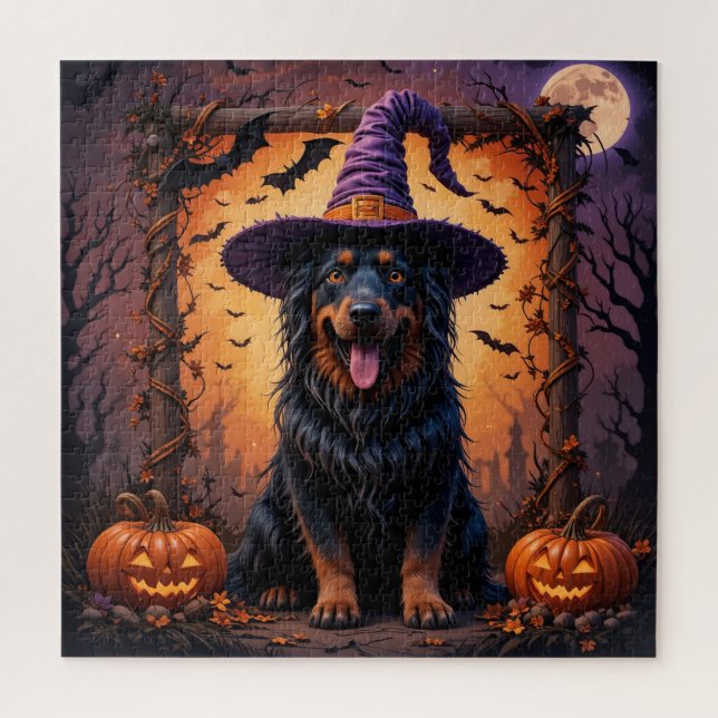 Cute Dog in Witch Hat Surrounded by Pumpkins Jigsaw Puzzle (Vertical)