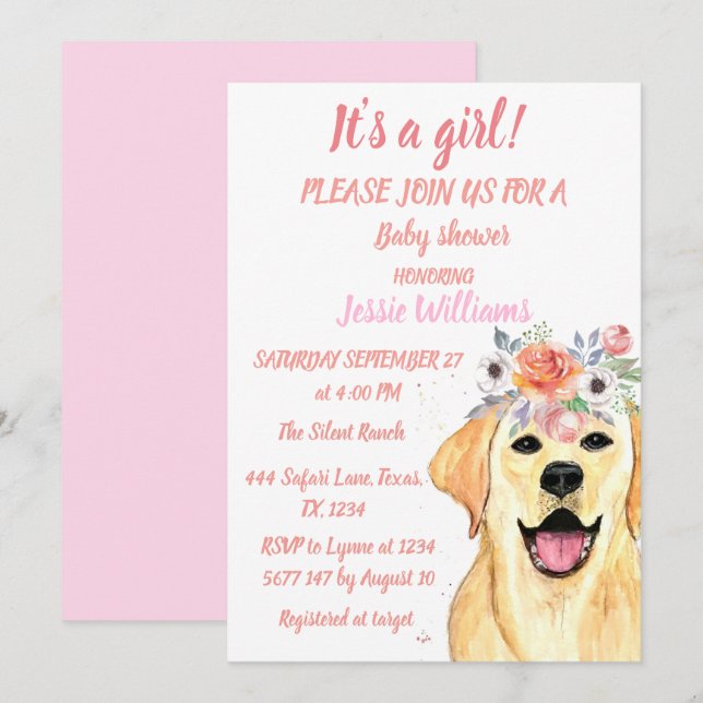Cute Dog Labrador Animals Pink Puppy Baby Girl Invitation (Front/Back)