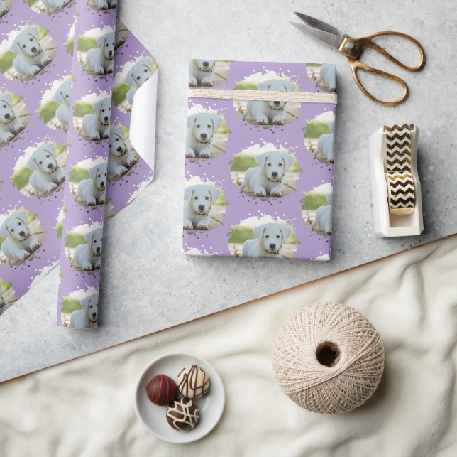 Cute Dog Lovers Personalised Photo Pattern Purple Wrapping Paper (Crafts)