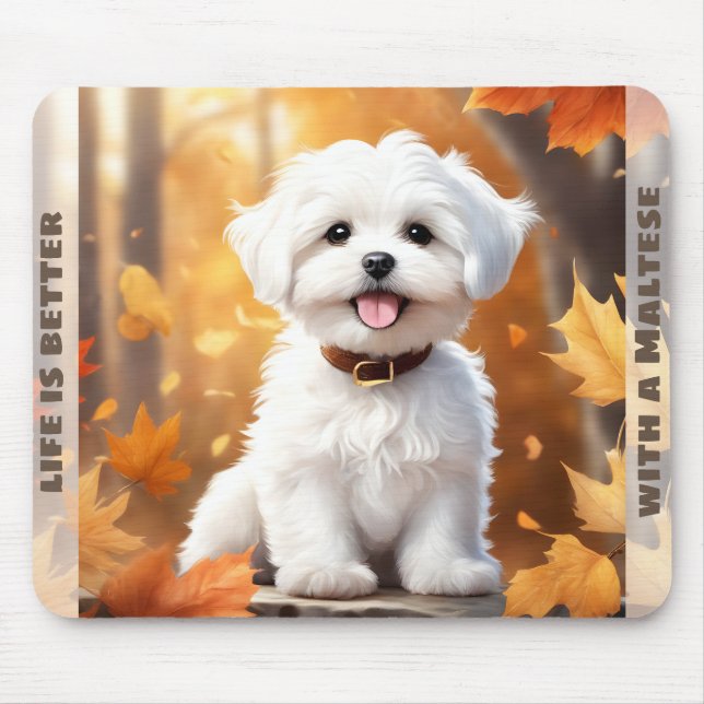 Cute Dog Maltese Puppy Pumpkin Fall Autumn Name Mouse Pad (Front)