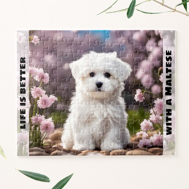 Cute Dog Maltese Puppy Spring Floral Custom Name Jigsaw Puzzle (Cute Dog Maltese Puppy Spring Floral Custom Name Jigsaw Puzzle)