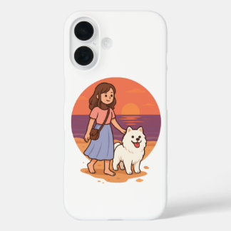 Cute Dog Mom Walking Fluffy Pup on Sunset Beach iPhone 16 Case