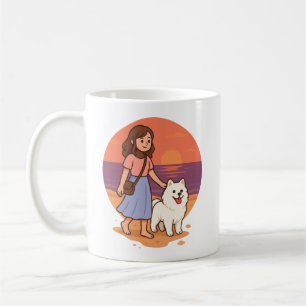 Cute Dog Mom Walking Fluffy Pup on Sunset Beach  Coffee Mug