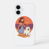 Cute Dog Mom Walking Fluffy Pup on Sunset Beach 