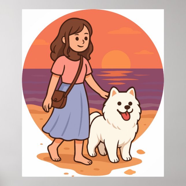 Cute Dog Mom Walking Fluffy Pup on Sunset Beach  Poster (Front)