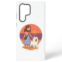 Cute Dog Mom Walking Fluffy Pup on Sunset Beach