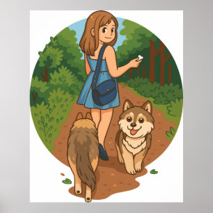 Cute Dog Mom Walking Puppies Forest Trail Illustra Poster