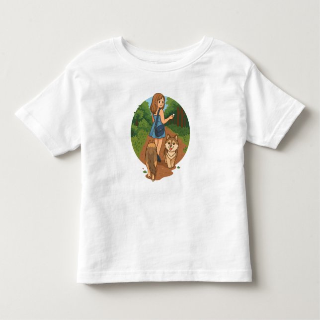 Cute Dog Mom Walking Puppies Forest Trail Illustra Toddler T-Shirt (Front)