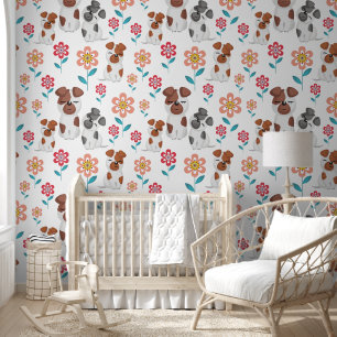 Cute dog mother and babies, flowers pattern wallpaper