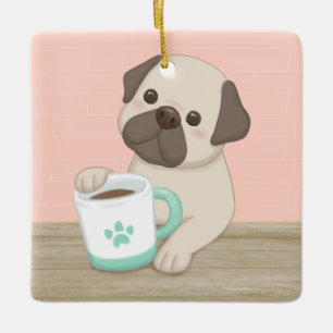 Cute Dog & Mug Illustration Art Ceramic Ornament