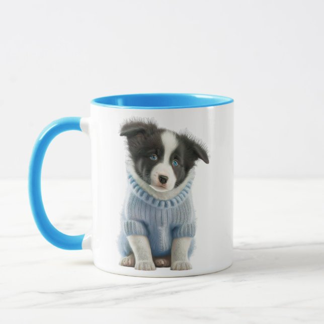 Cute Dog Mug with Blue Jacket and Funny "Sit, Stay (Left)