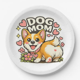 Cute Dog Mum Corgi Sticker Kawaii Flowe,Heart art Paper Plate