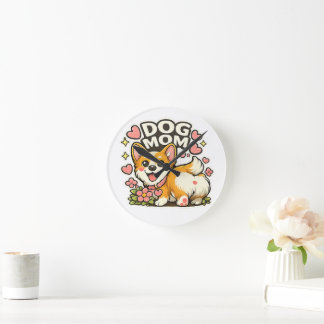 Cute Dog Mum Corgi Sticker Kawaii Flowe,Heart art Round Clock