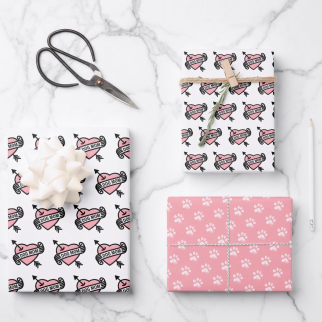 Cute Dog Mum Heart Tattoo with Pawprint Pattern Wrapping Paper Sheet (Front)