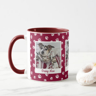 Cute Dog Name & Photo Red and White Paw Prints Mug