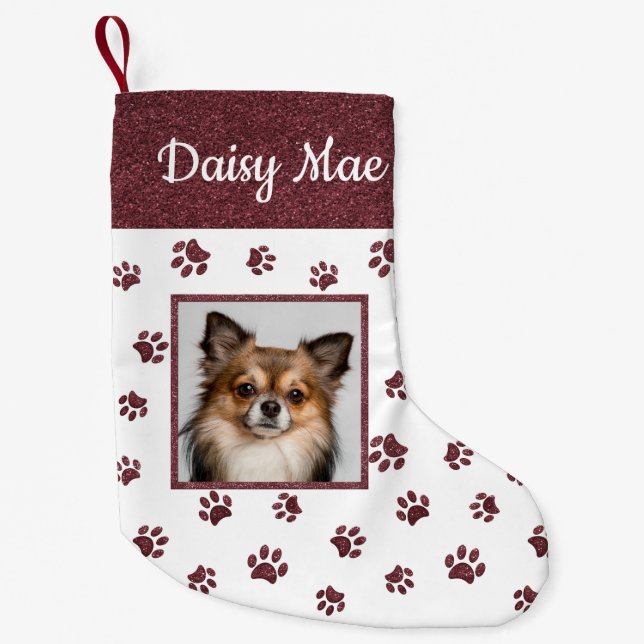Cute Dog Name Photo Rose Gold Glitter Paw Prints Small Christmas Stocking (Front)