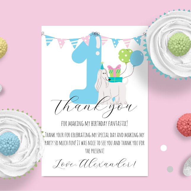 Cute dog next to blue number one First Birthday Thank You Card (Creator Uploaded)