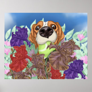 Cute dog on a flower field. poster