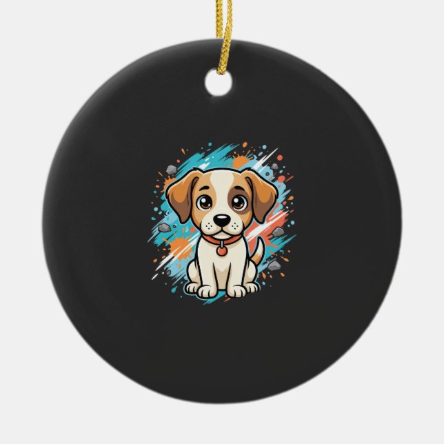 Cute Dog Paint Splash Vector Art_1 Ceramic Tree Decoration (Front)