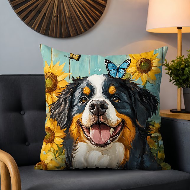 Cute Dog Painting Rustic Sunflowers Butterflies Cushion (Creator Uploaded)