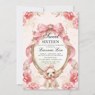 Cute Dog Party Floral Birthday Sweet Sixteen Invitation