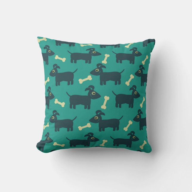 Cute Dog Pattern with Bone on Green Background Cushion (Front)