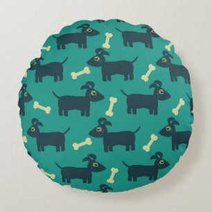 Cute Dog Pattern with Bone on Green Background Round Cushion