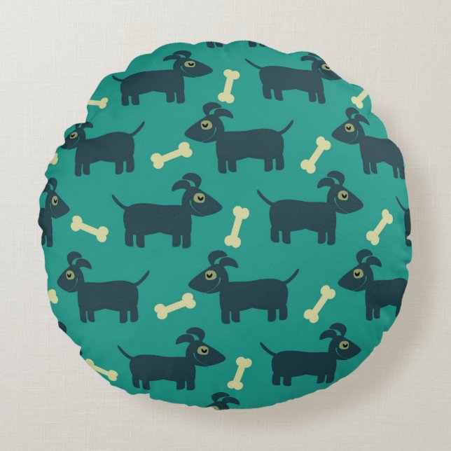 Cute Dog Pattern with Bone on Green Background Round Cushion (Front)